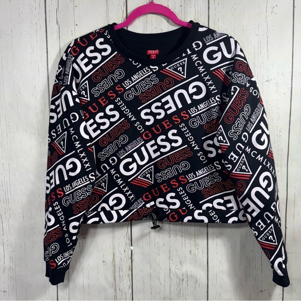 Guess Logo Print Cropped Drawstring Sweatshirt Black White Red Y2K Streetwear M - Picture 5 of 14